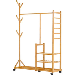 Yorbay Bamboo Clothes Rack with Wheels, with Clothes Rail, 3 Shelves and 6 Hooks, Tree Shape, 100 x 38 x 176 cm (Natural)