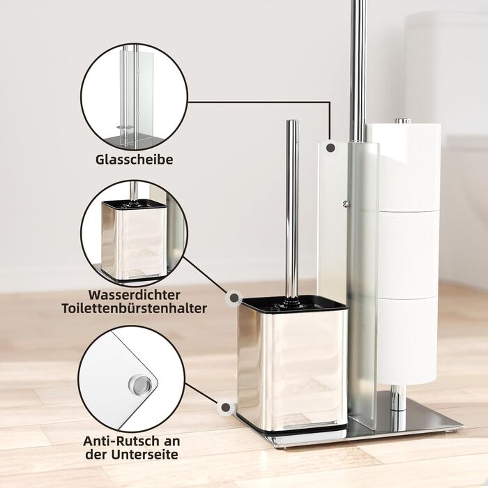 Stainless Steel Toilet Paper Holder Stand with WC Brush - Free Standing Toilet Brush and Toilet Paper Roll Holder with Glass Shelf (Silver)