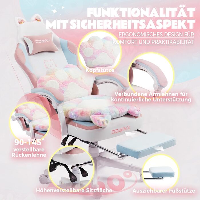 Ігровий крісло Dowinx Ergonomiczne з підніжкою, рожевий котячий дизайн, для дорослих, білий колір