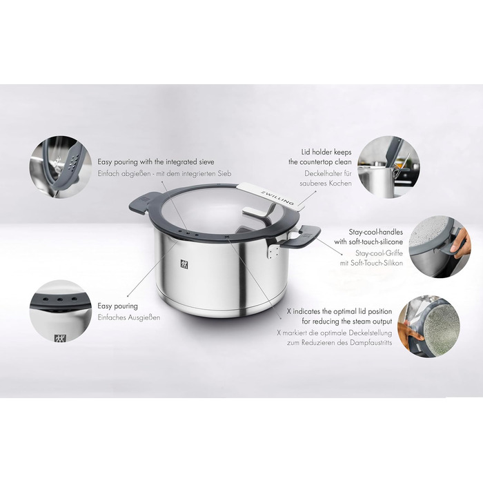 Набір каструль ZWILLING Simplify 5 предметів з кришкою-ситом, скляною кришкою, індукційне дно, нержавіюча сталь, срібно-чорний