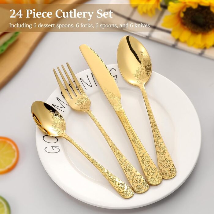Набір столових приборів 24 предмети для 6 осіб з гравіюванням троянд, нержавіюча сталь, золотий колір - ножі, виделки, ложки, поліровані, для посудомийної машини, святковий