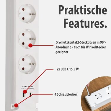 Стрічка живлення Brennenstuhl Bremounta з USB-C, 5 розеток, біла (з вимикачем, для монтажу на стіну, 2x та 3м кабель)