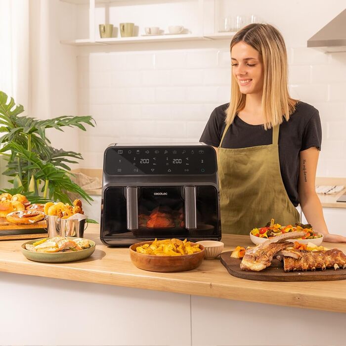 Фритюрниця без олії Cecotec Cecofry Advance 9000 Window 9L. Потужність 2200W, рухома перегородка, подвійний контроль температури 80-200ºC, вікно, PerfectCook, чорний колір, 1 кошик