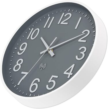 Foxtop Wall Clock Radio-Controlled Wall Clock 30 cm Silent & No Noise Large Dial Analog No Ticking For Kitchen, Living Room, Bathroom DCF Radio Signal Modern Design White-Gray