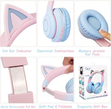 Дитячі навушники AXFEE з Bluetooth, Over-Ear з LED-підсвіткою, котячі вушка, рожево-блакитні, з мікрофоном та підтримкою Micro SD/TF для телефону/планшета/ПК