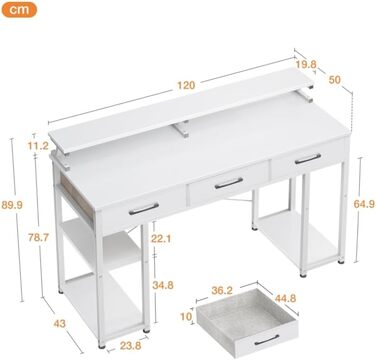 Письмовий стіл ODK білий з 3 шухлядами та полицею, 120x50x90 см, комп'ютерний стіл з підставкою для монітора, робочий стіл для дому, офісу, геймінгу