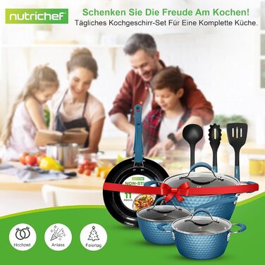 Набір посуду NutriChef 11 предметів: каструлі та сковорідки з антипригарним покриттям, підходить для всіх типів плит, синій