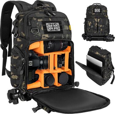 Рюкзак для камери з відділенням для ноутбука 15,6 дюймів - водонепроникний, міцний фоторюкзак для Canon, Nikon, DJI | Знімний вкладиш, кріплення для штатива, чорний камуфляж