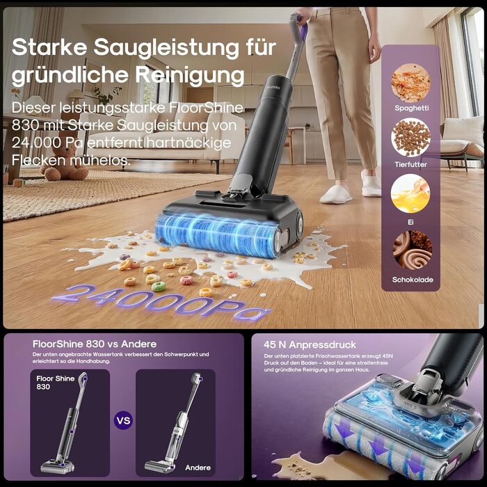 Акумуляторний миючий пилосос EUREKA FloorShine 830 для твердих підлог, 24000 Па, з функцією самоочищення та сушіння гарячим повітрям 75°C, Anti-Tangle 3.0, 60 хв роботи