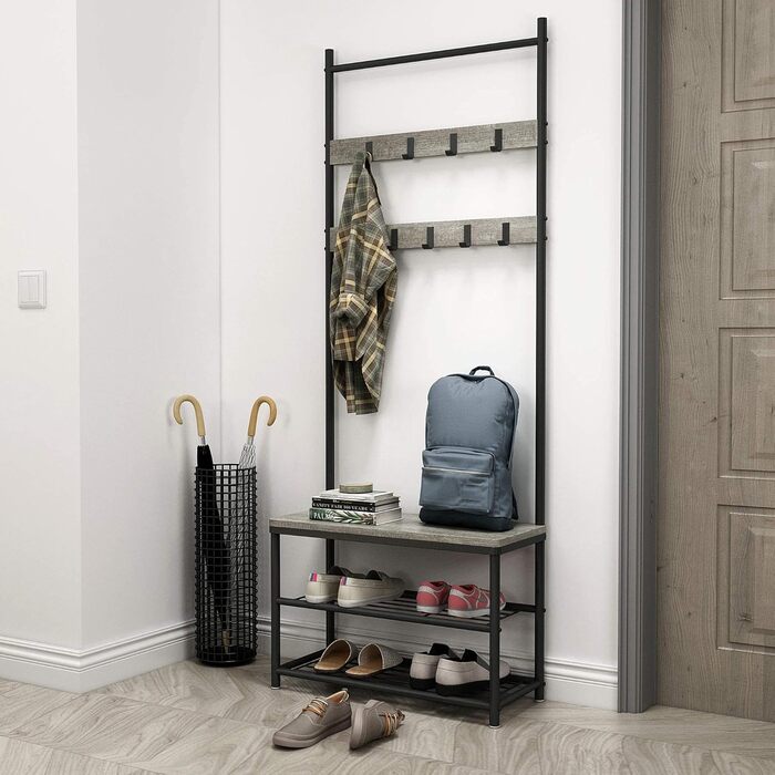 Mondeer Coat Rack, Shoe Rack with Coat Rack, 3 Shelves and 9 Removable Hooks, Industrial Design, Made of Metal and Wood, 70 x 32 x 175 cm, for Entryway, (Gray)