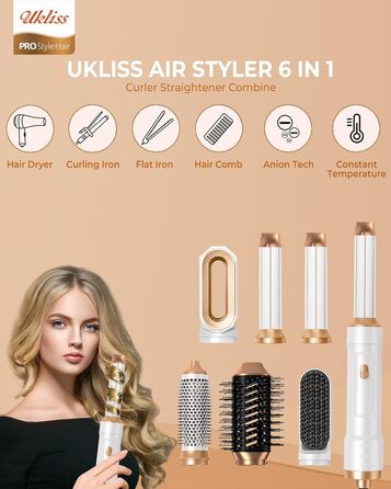 UKLISS 6-в-1 Стайлер для волосся Pro, набір фен-щітка з автоматичним завиванням, термощітка, мультистайлер, подарунковий набір для волосся - блакитний (білий)
