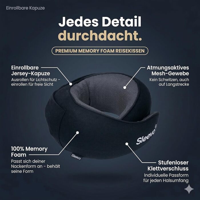 Подушка для шиї в літак з капюшоном та Memory Foam – Подушка-білка, для сну та подорожей – Ергономічна подушка для подорожей, захист від світла та пральна, з сумкою – Чорний (M) Чорний M