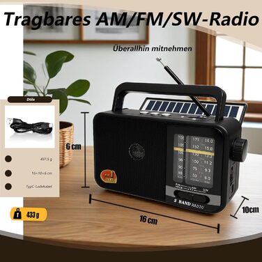 Радіо Bluetooth Klein з сонячною панеллю та акумулятором 1200mAh, AM/FM/SW приймач з 8W динаміком/TWS/USB/TF, радіо-кофеварка для кемпінгу, надзвичайних ситуацій та відпочинку на природі (Сірий/Чорний)