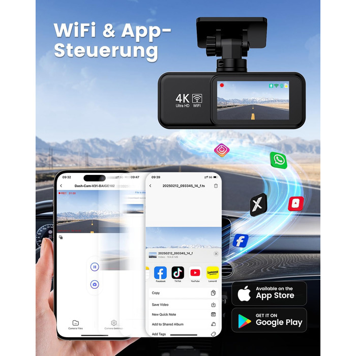 Відеореєстратор SIGRILL Dashcam Auto 4K+1080P з Wi-Fi, двоканальний, з карткою 64GB, нічне бачення, паркувальний режим, G-сенсор, запис по колу, підтримка до 256GB