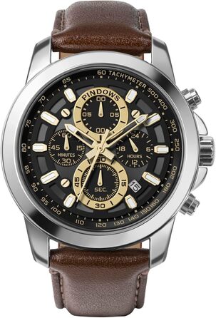 Чоловічий годинник PINDOWS: аналоговий хронограф з кварцовим механізмом, водонепроникний, для бізнесу та відпочинку. Чорний/коричневий ремінець з шкіри, золотий циферблат, сріблястий корпус.