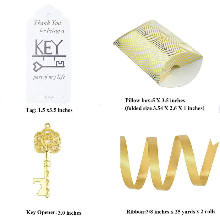 Makhry 50-Piece Vintage Key Bottle Openers Wedding Key Skeleton Key Bottle Openers Wedding Guest Gifts Set with Pillow Boxes and Label (Antique Gold)