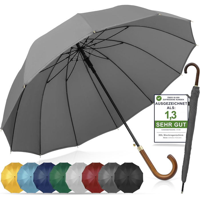 Стійкий до вітру парасолька Ø120см, великий парасолька XXL з відбиваючим краєм, 12 спиць, парасолька-тростина з чохлом - для чоловіків та жінок, оливковий (сірий)