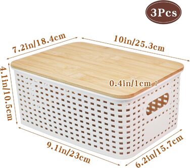 Storage Box with Bamboo Lid Small 3 Pieces 5L Storage Box Bathroom Box with Lid Bathroom Organizer 25x18x10cm Plastic Box Kitchen Storage Boxes Baskets Containers Stackable Boxes (White)