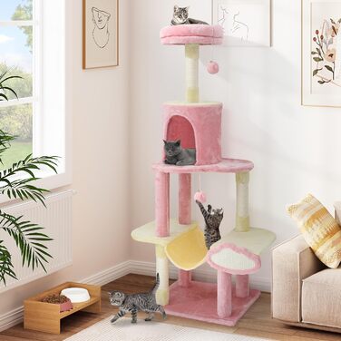 Кігтеточка YITAHOME XXL для котів, 142 см, рожева. З 8 стовпчиків сизалю, 3 платформ, 2 ховалок, гамаком, іграшками та дощечкою для шліфування кігтів.