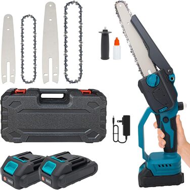 Акумуляторна міні-пила 6 дюймів (20 см) з безщітковим мотором, комплект з 2 ланцюгами 6 дюймів, 2 ланцюгами 8 дюймів, 2 направляючими плитами, 2 батареями високої ємності, для обрізки дерев та різання деревини, блакитна