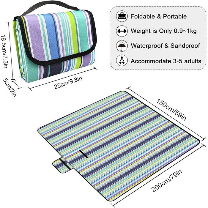 Плед для пікніка LIVEHITOP водонепроникний XXL 150x200 см, синій в смужку – для пляжу, кемпінгу, парку, барбекю