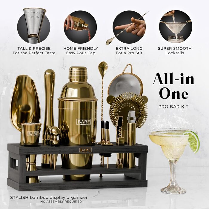 Набір бармена BARE BARREL® Mixology: 16-предметний сет для коктейлів з шейкером Коблер (24oz), інструментами для бару та 35 картками рецептів, золото/чорний