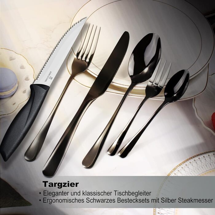 Набір столових приборів на 6 осіб, Targzier, 36 предметів, нержавіюча сталь, з ножем для стейка, преміум-якість, для сім'ї/вечірки/готелю, чорний, придатний для миття в посудомийній машині
