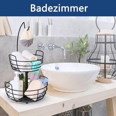 Металева підставка для фруктів та овочів на 2 яруси з гачком для бананів - чорна