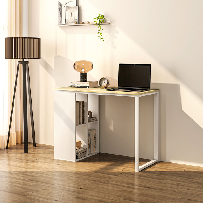 HOMCOM Desk Computer Desk with Storage Compartments, Modern Office Desk with Steel Frame, PC Desk for Home Office, Study Room, Small Room 100 x 54 x 75 cm, Oak | Aosom