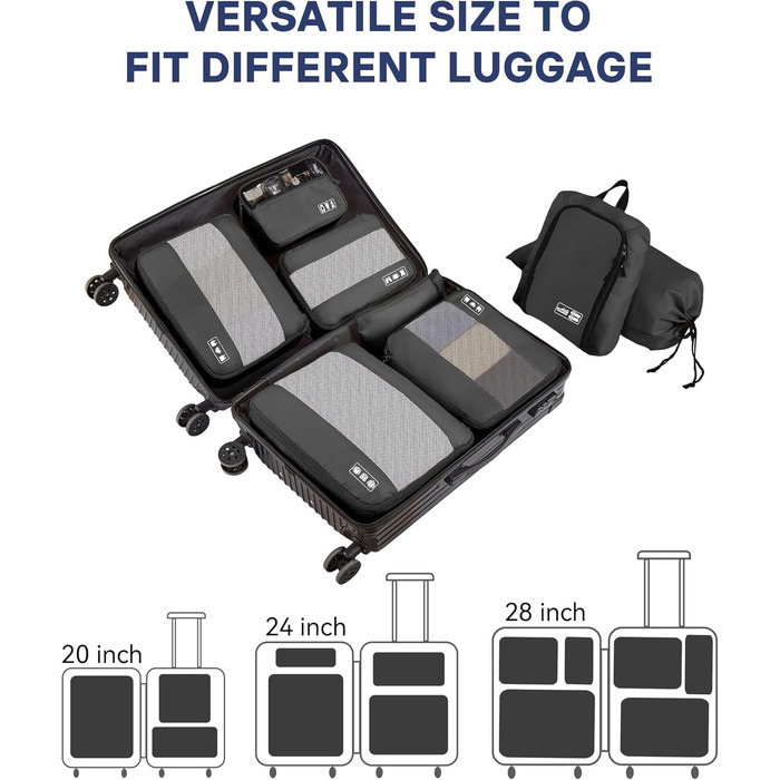 Органайзер для валізи MURISE, 8 шт. - Packing Cubes для подорожей, сумки-органайзери для валізи, з мішечком для взуття та косметички, система організації, Travel Essentials, чорний