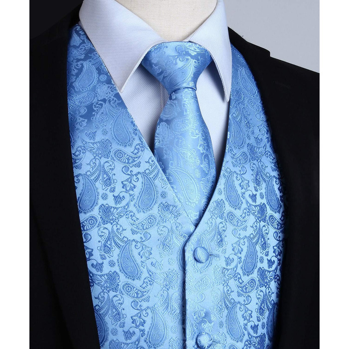 Чоловічий жилет для костюма Enlision Paisley блакитний XXL + краватка та хустинка до костюма на весілля та вечірку