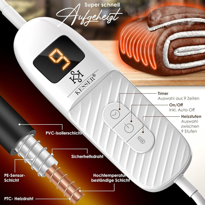 Електрична грілка KESSER® 200x180 см з автовимкненням | Двостороння, 9 температурних режимів, з таймером та цифровим дисплеєм | Для ліжка, дивана | Можна прати до 40°C
