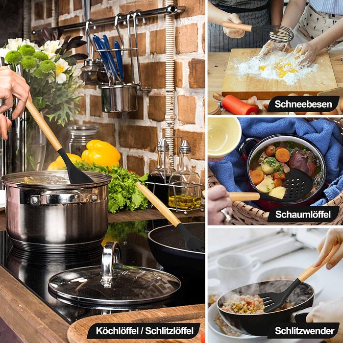 Набір кухонних аксесуарів Homikit 15 предметів з чорного силікону та дерев'яними ручками. Кухонний аксесуар, стійкий до високих температур, легко миється. З підставкою для аксесуарів.