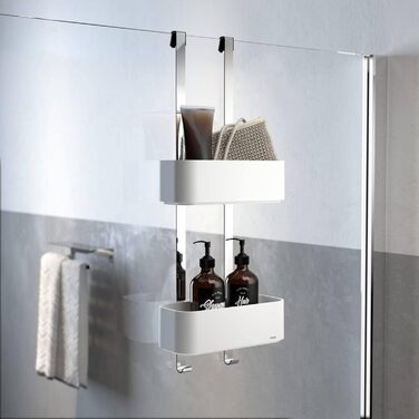 Tiger 2-Tier Shower Caddy, Shower Shelf without Drilling, for Hanging on the Shower Wall, Shower Shelf with Storage for Shower Gel & Co., with Integrated Hook, Stainless Steel, Plastic, Color: White
