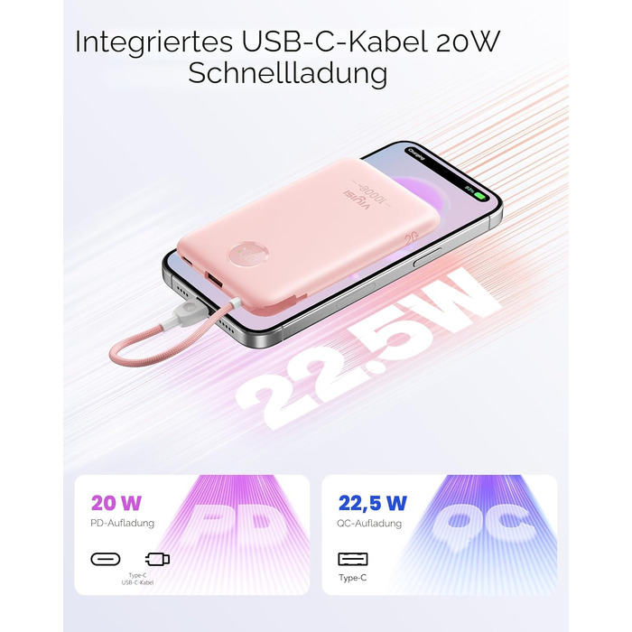 Повербанк VIYISI 10000mAh ультратонкий із вбудованим кабелем USB-C, рожевий