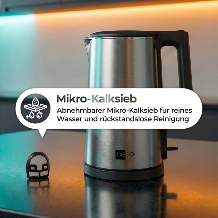 Електричний чайник Aeco AQA NEO з нержавіючої сталі, 1.7 л, 2150 Вт, без BPA, фільтр від накипу, бездротовий, CoolTouch, шампань сріблястий