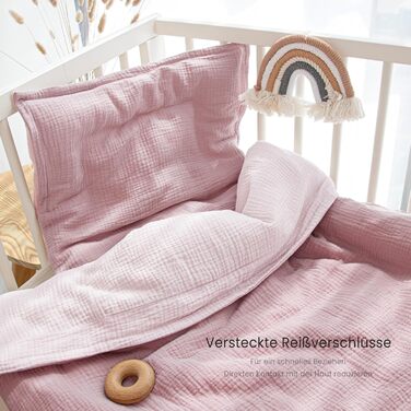 Бетлівка для дитячого ліжечка Lulumoon з мусліну 100x135 см: комплект простирадла 100x135 см + наволочка 40x60 см з бавовни Oeko-TEX Standard – легка та комфортна постільна білизна для малюків та дітей, муслін, рожева 100x135 см + 40x60 см