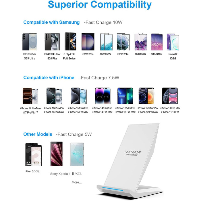 Бездротовий зарядний пристрій NANAMI 30W USB-C з індукційним підсвічуванням, 2-в-1 для iPhone та Samsung