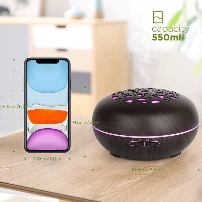 Аромадифузор WD&CD 550 мл з пульт дистанційного керування, ультразвуковий зволожувач повітря, дифузор для ефірних олій, 7 кольорів LED, автоматичне відключення - білий (темно-коричневий)