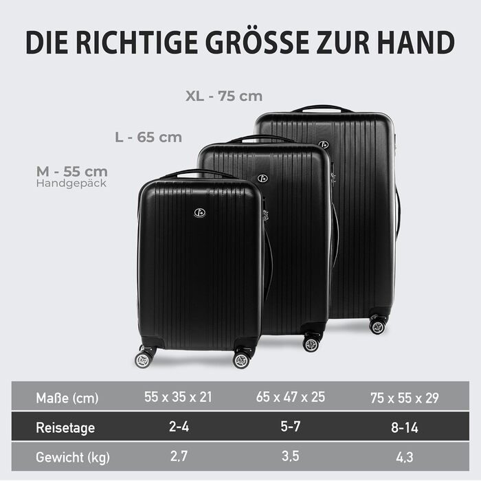 Набір валіз FERGÉ Toulouse 3 шт. з жорстким корпусом - ручна поклажа 55 см, L, XL. Чорний колір, 100% ABS.