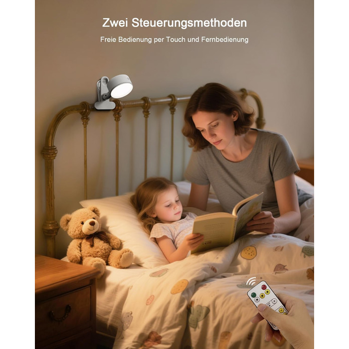 Нічник на ліжко акумуляторний бездротовий з USB-C, 5000mAh, з кліпсою, димуючий, з пультом, LED, 360° поворотний, для спальні, кемпінгу (білий)