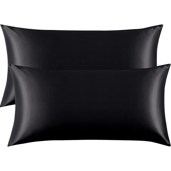 FLXXIE 2 Pack Satin Pillowcases for Skin and Hair, Luxurious and Silky King Size Pillowcases with Hotel Closure, Black, 50 x 90 cm
