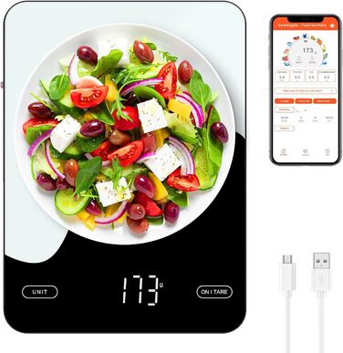 Brifit Kitchen Scale with App - 10kg/1g Digital Food Scale with Calorie Counter, LED Display, Tare Function, USB Rechargeable