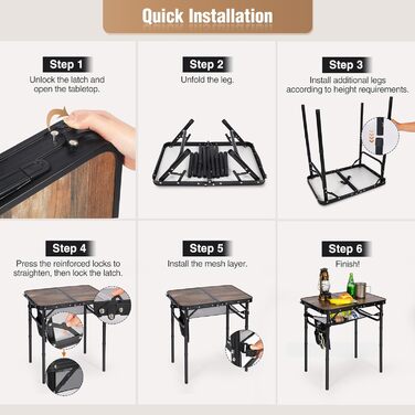 REDCAMP Складаний столик з регулюванням висоти, легкий портативний туристичний столик 60x40 см (4 положення) з сітчастою поверхнею, для дому та відпочинку на природі, балкона, ринку, кухні, темно-коричневий (під дереву, 60*40 см, 4 висоти)