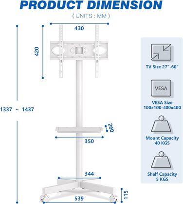 Rolling TV Stand with Wheels - Adjustable Height Mobile TV Trolley for 27-60 inch TVs - VESA 400x400 - 40kg Capacity - White