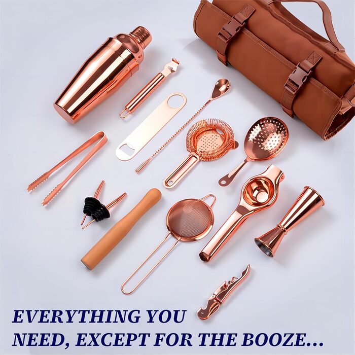 Travel Bartender Kit Bag, 17-Piece Bar Tool Set, Professional Cocktail Bar Set, Portable Waxed Canvas Bar Kit Bag with Shoulder Strap for Bartenders, Parties, Camping Trips