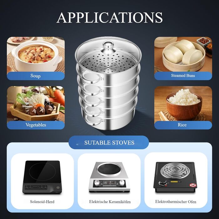 Набір для приготування на пару 5-ти ярусний з нержавіючої сталі, 28 см, з кришкою, для всіх типів плит (індукція, електрокераміка)