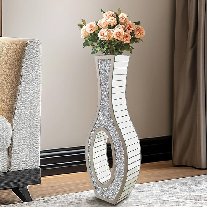 Ваза для квітів напольна 68 см, срібна ваза з кристалом для пампас трави, скляна ваза з дзеркальними діамантами, декоративна розкішна блискуча ваза для вітальні, декор інтер'єру – не для води (13L x 12.5B x 76.5H cm)