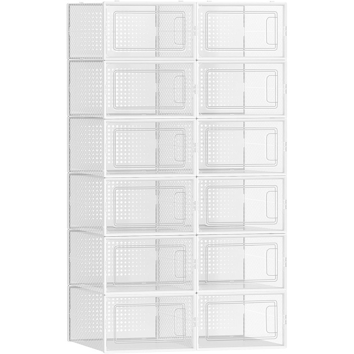 SONGMICS Shoe Boxes, 12-Piece Set, Plastic Shoe Organizer, Foldable and Stackable, for Shoes up to Size 44, Transparent-White LSP12SWT