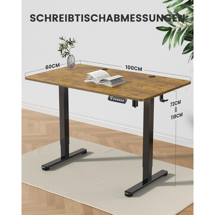 ErGear Electric Standing Desk 100x60cm - Vintage Wood Finish, Memory Height Adjustment for Home Office & Desk Connector Plate